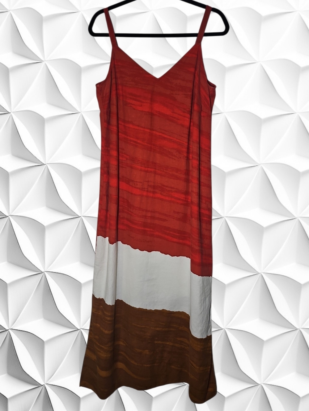 MSK Women Linen Blend Colorblock Maxi Dress 1X Red White Brown Boho Strappy